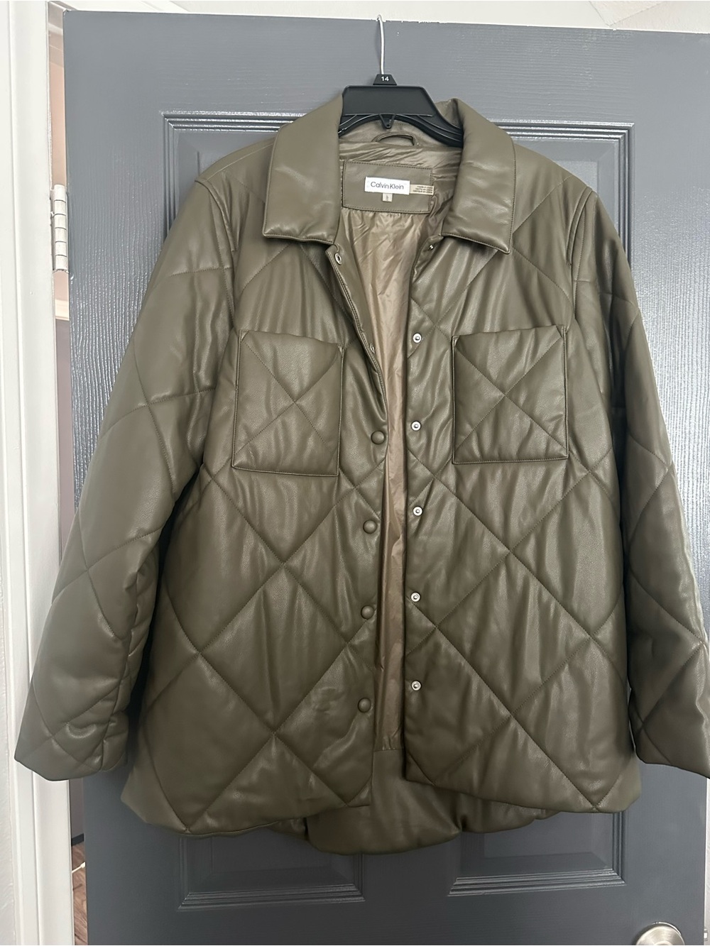 Calvin Klein Quilted Faux-Leather Jacket in Olive Green